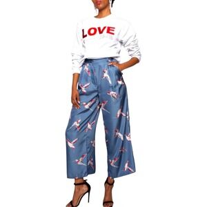 Undra Celeste New York Navy Blue Hummingbird Print Wide Leg Pants Size M